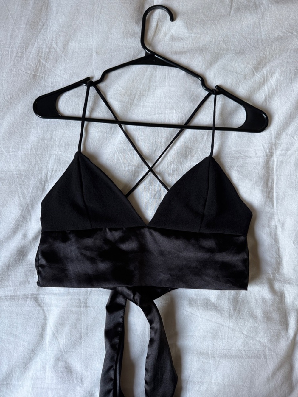 Lucy in the Sky Black Satin Wrap Bralette with Long Ties